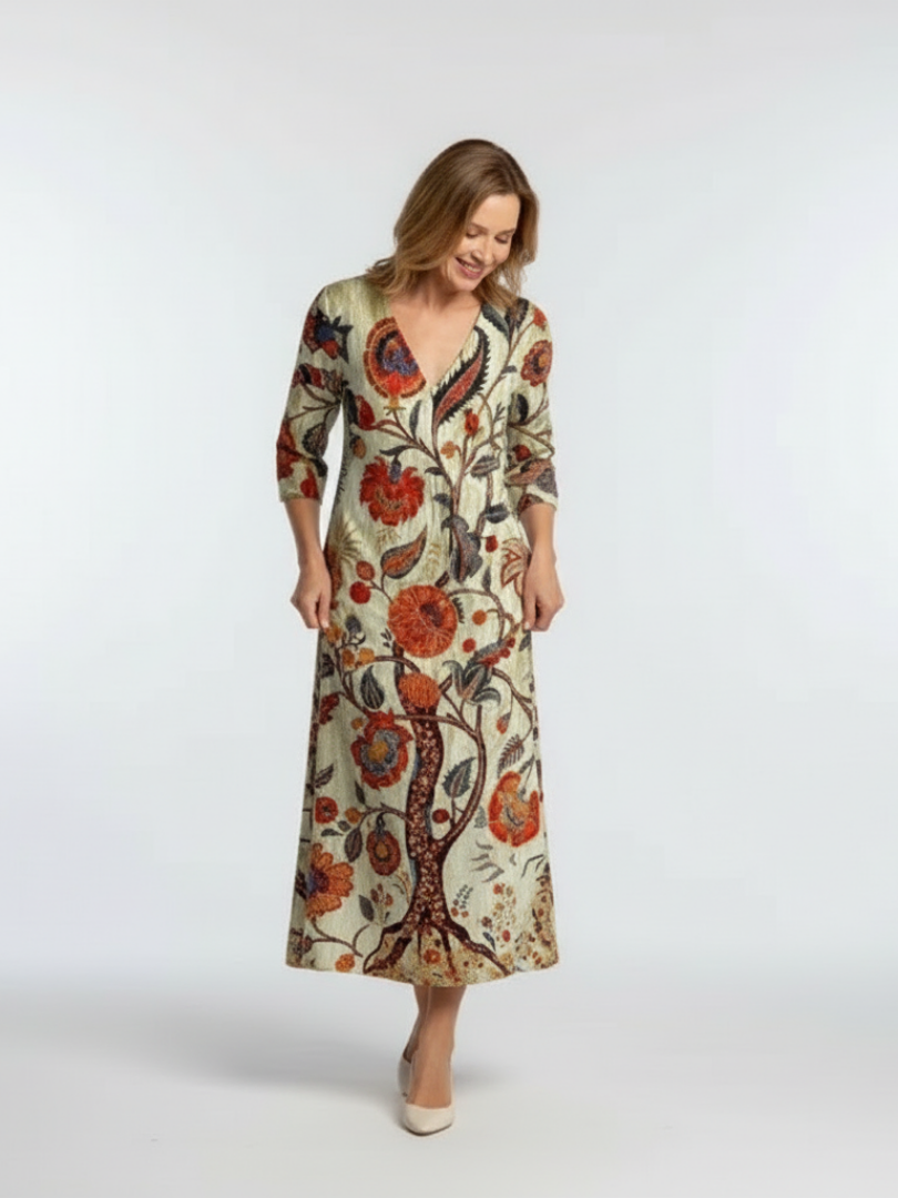 Corisande | Robe Midi à Fleurs à Manches Longues en V