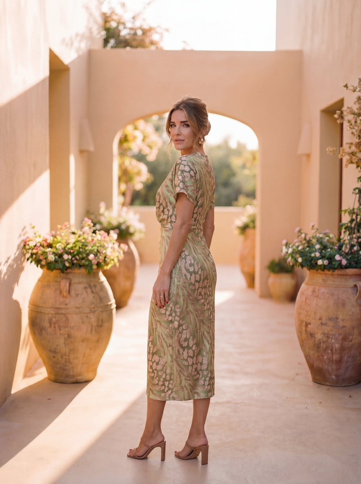 Élise | Robe midi drapée en jacquard précieux