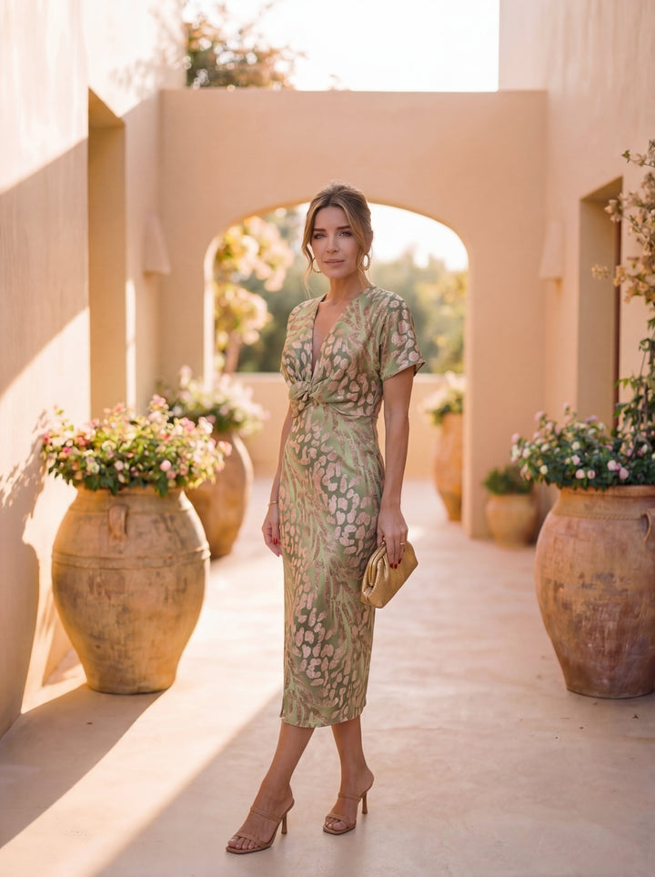 Élise | Robe midi drapée en jacquard précieux