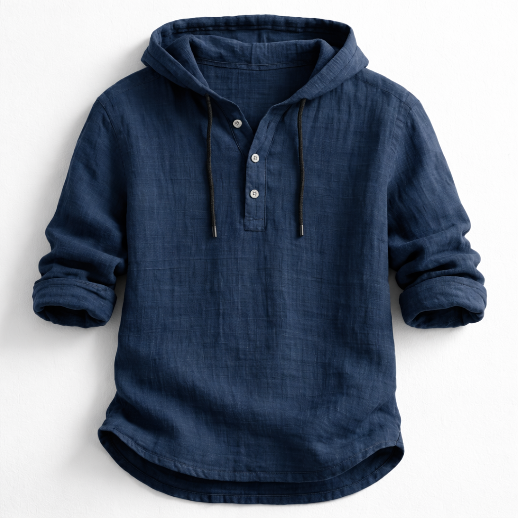 VICTOR | Chemise à capuche en lin — col henley, trois boutons