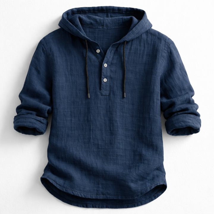 VICTOR | Chemise à capuche en lin — col henley, trois boutons