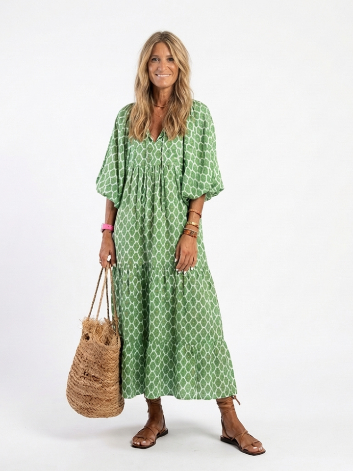 Apolline | Robe Midi à Motifs, Manches 3/4 et Décolleté en V