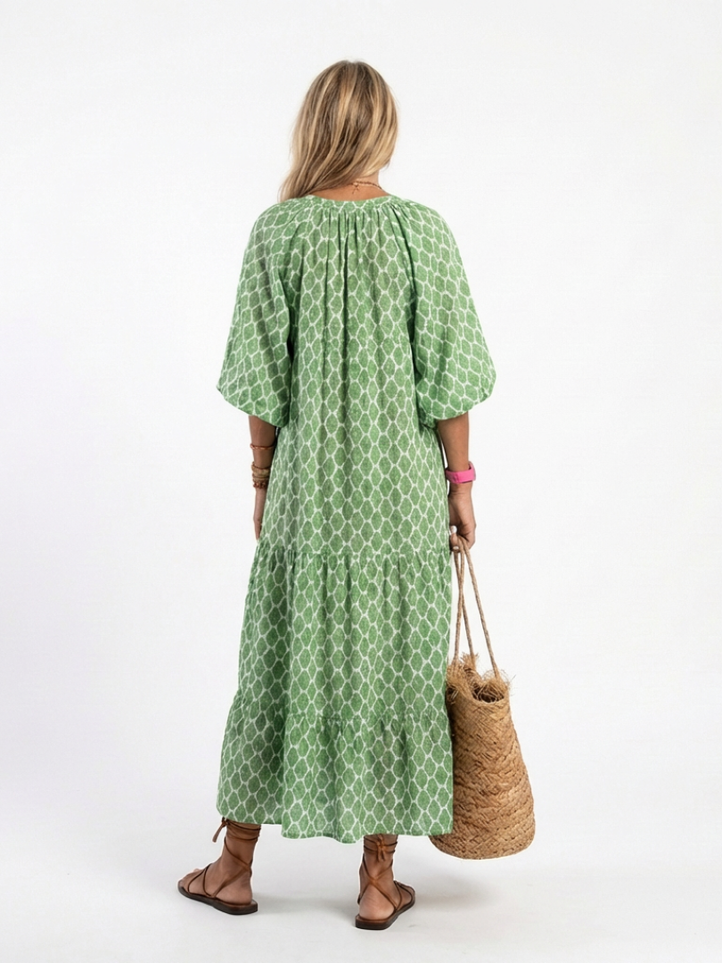 Apolline | Robe Midi à Motifs, Manches 3/4 et Décolleté en V