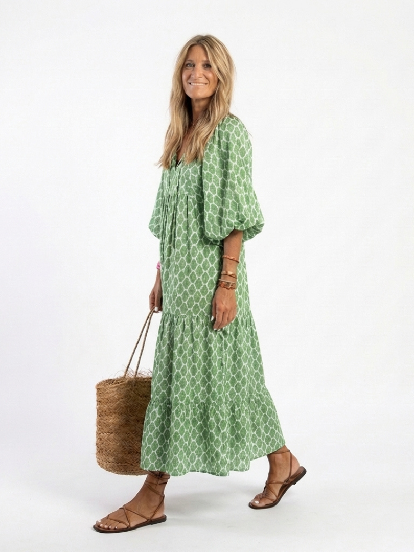 Apolline | Robe Midi à Motifs, Manches 3/4 et Décolleté en V