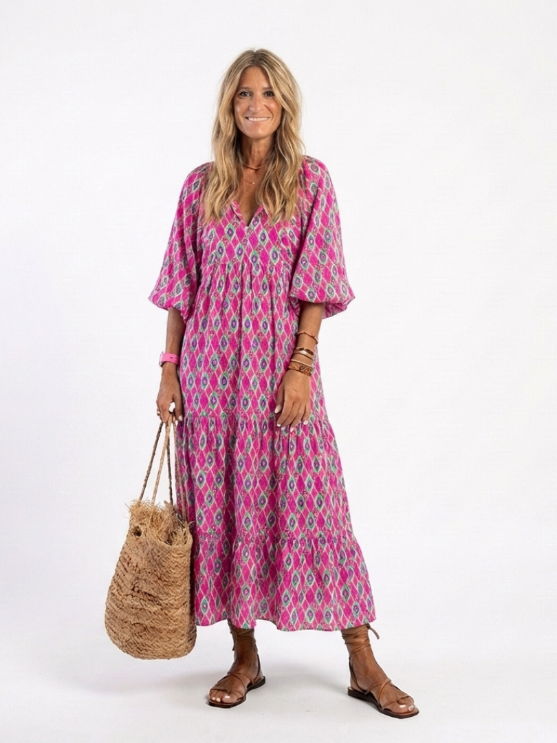 Apolline | Robe Midi à Motifs, Manches 3/4 et Décolleté en V