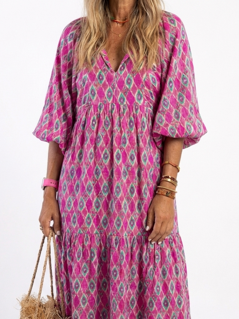 Apolline | Robe Midi à Motifs, Manches 3/4 et Décolleté en V