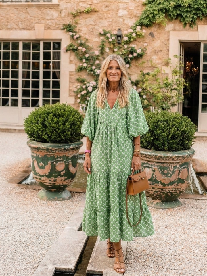 Apolline | Robe Midi à Motifs, Manches 3/4 et Décolleté en V