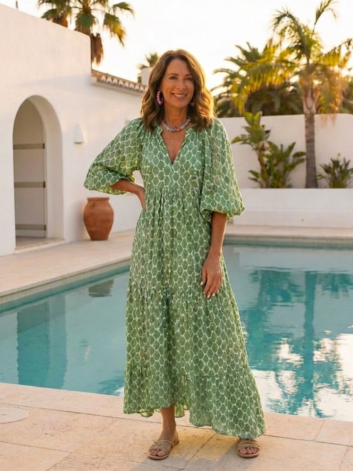 Apolline | Robe Midi à Motifs, Manches 3/4 et Décolleté en V