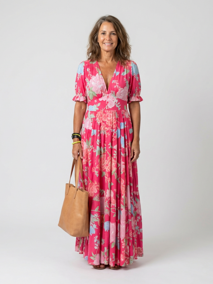 Ione | Robe Midi Fleurie à Manches Courtes et Décolleté en V