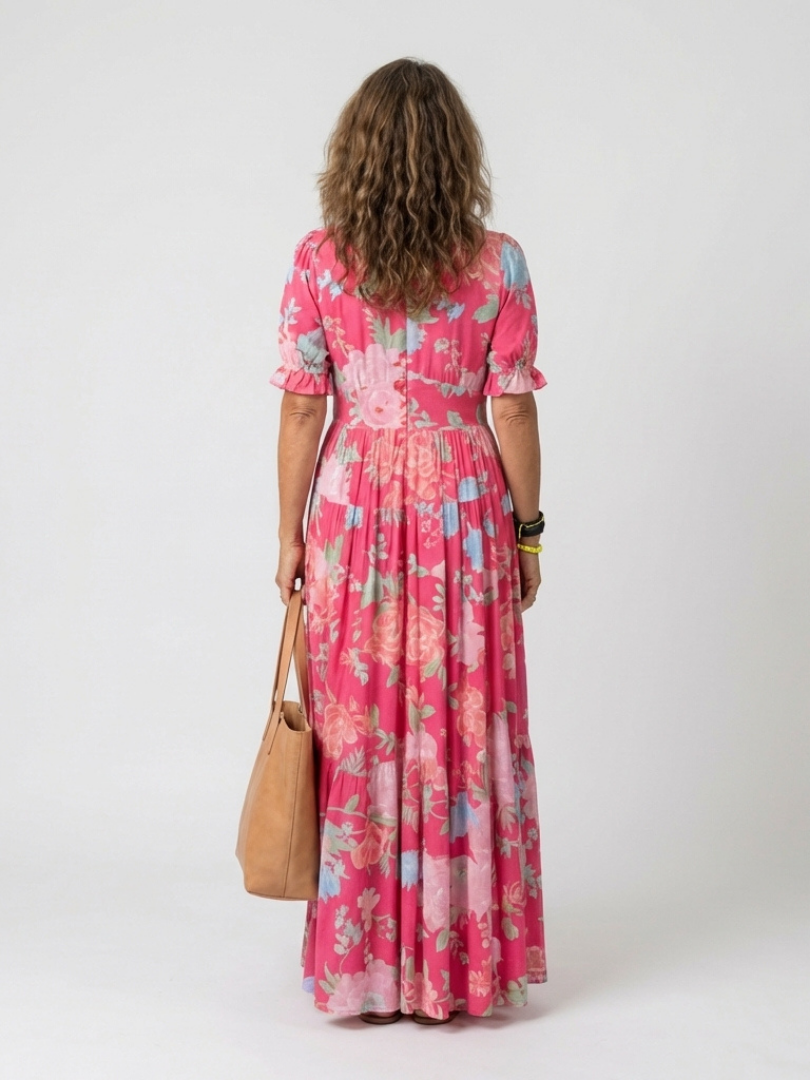 Ione | Robe Midi Fleurie à Manches Courtes et Décolleté en V