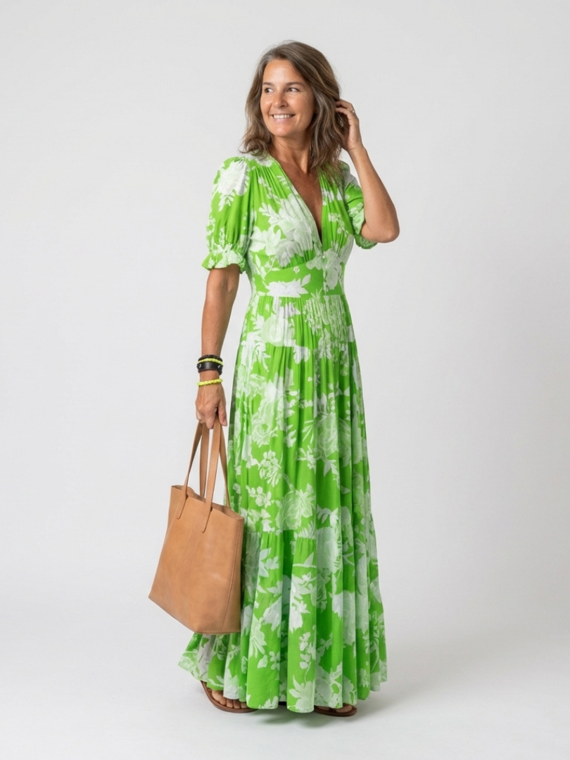 Ione | Robe Midi Fleurie à Manches Courtes et Décolleté en V