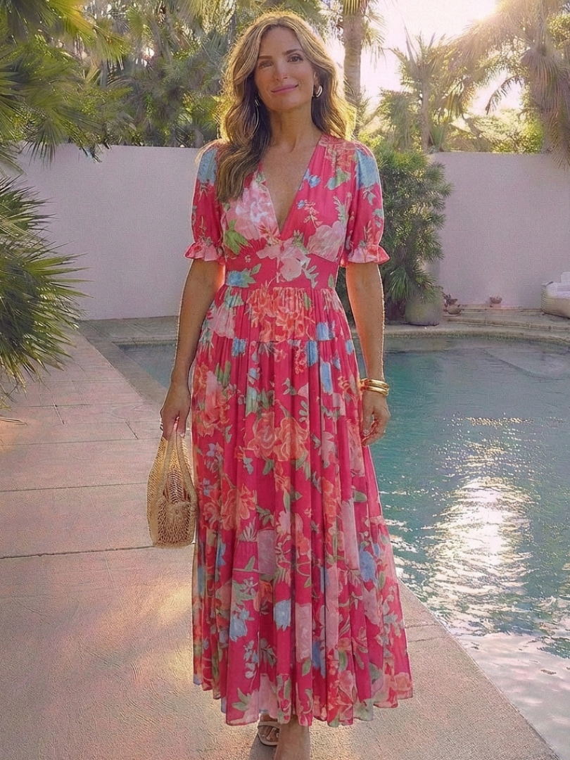 Ione | Robe Midi Fleurie à Manches Courtes et Décolleté en V