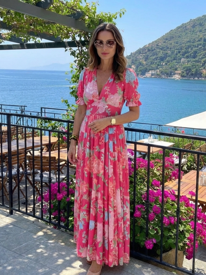 Ione | Robe Midi Fleurie à Manches Courtes et Décolleté en V