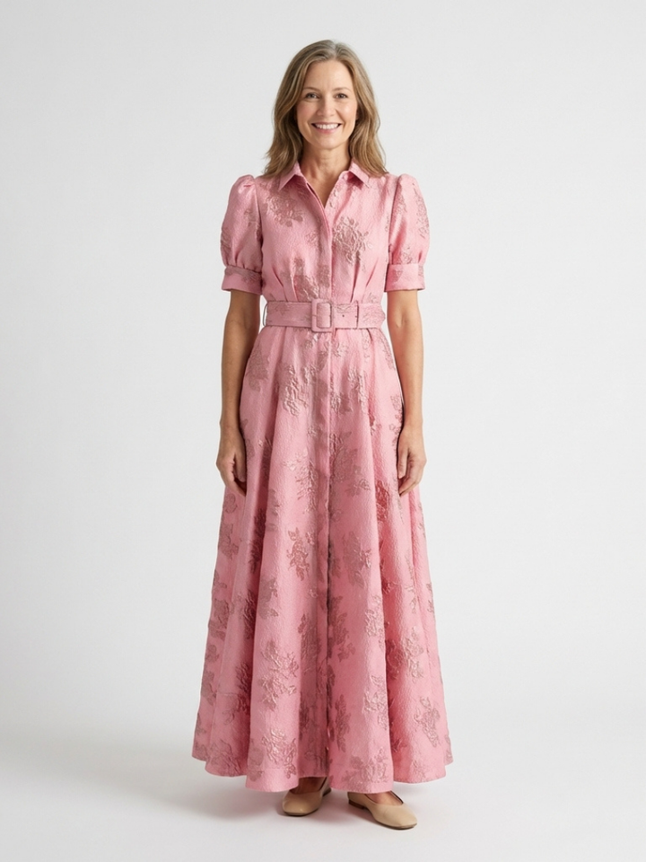 Xanthea | Robe Maxi à Manches Courtes, Ceinturée et Texturée Fleurs