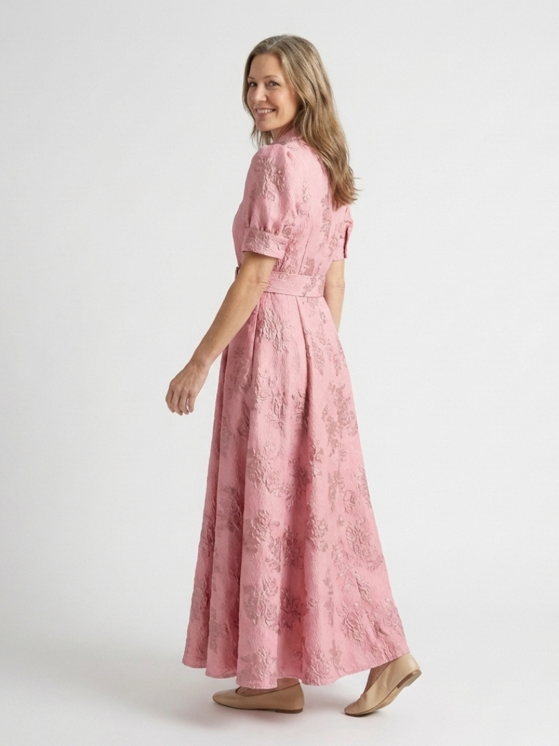 Xanthea | Robe Maxi à Manches Courtes, Ceinturée et Texturée Fleurs