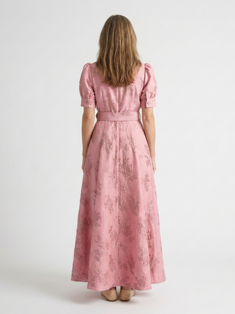 Xanthea | Robe Maxi à Manches Courtes, Ceinturée et Texturée Fleurs