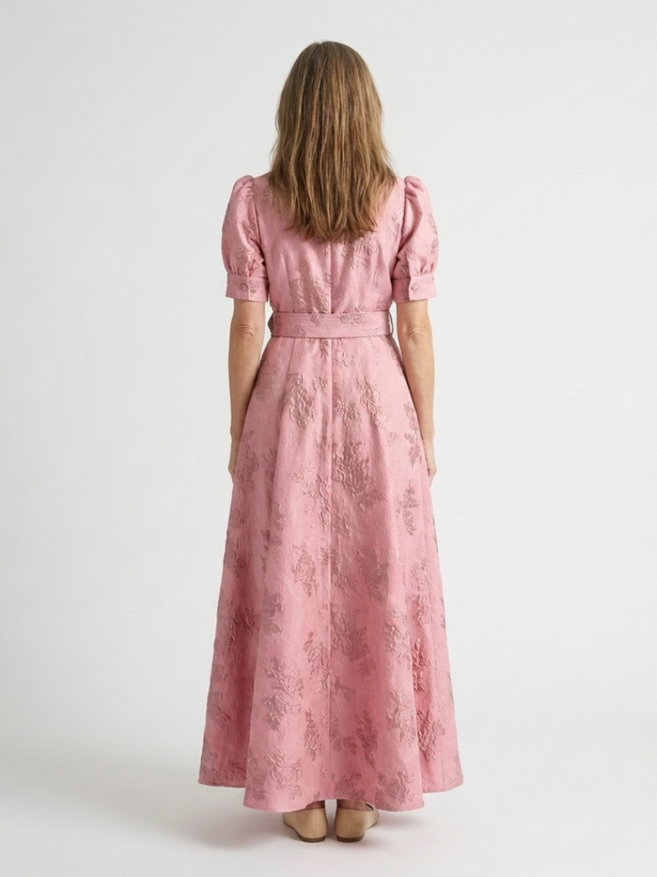 Xanthea | Robe Maxi à Manches Courtes, Ceinturée et Texturée Fleurs