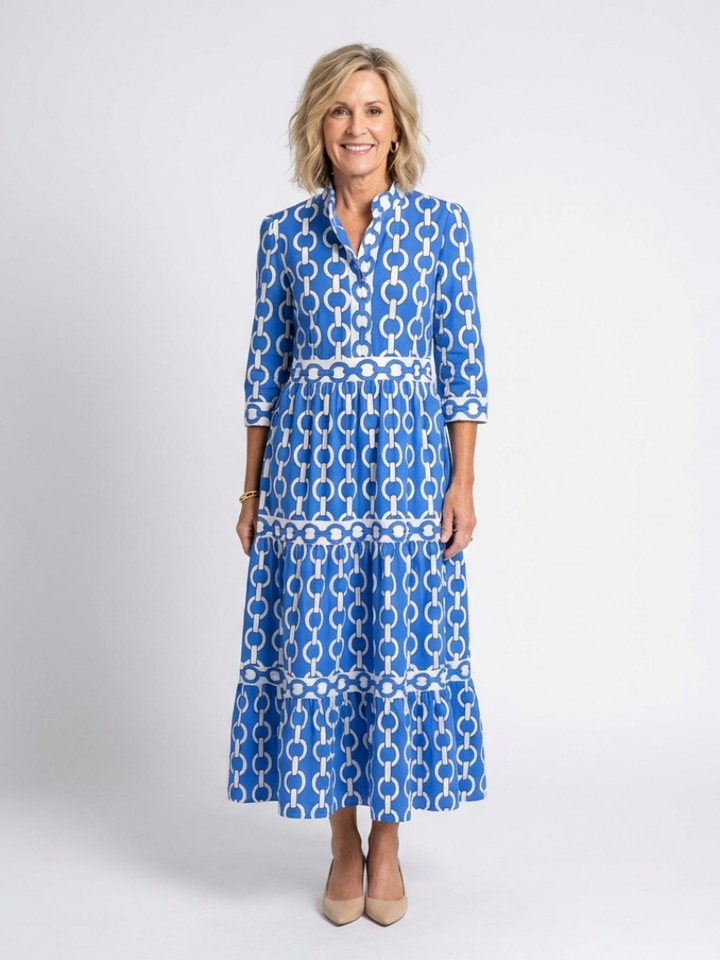 Ysolde | Robe Midi à Manches Trois Quarts Motif Chaîne