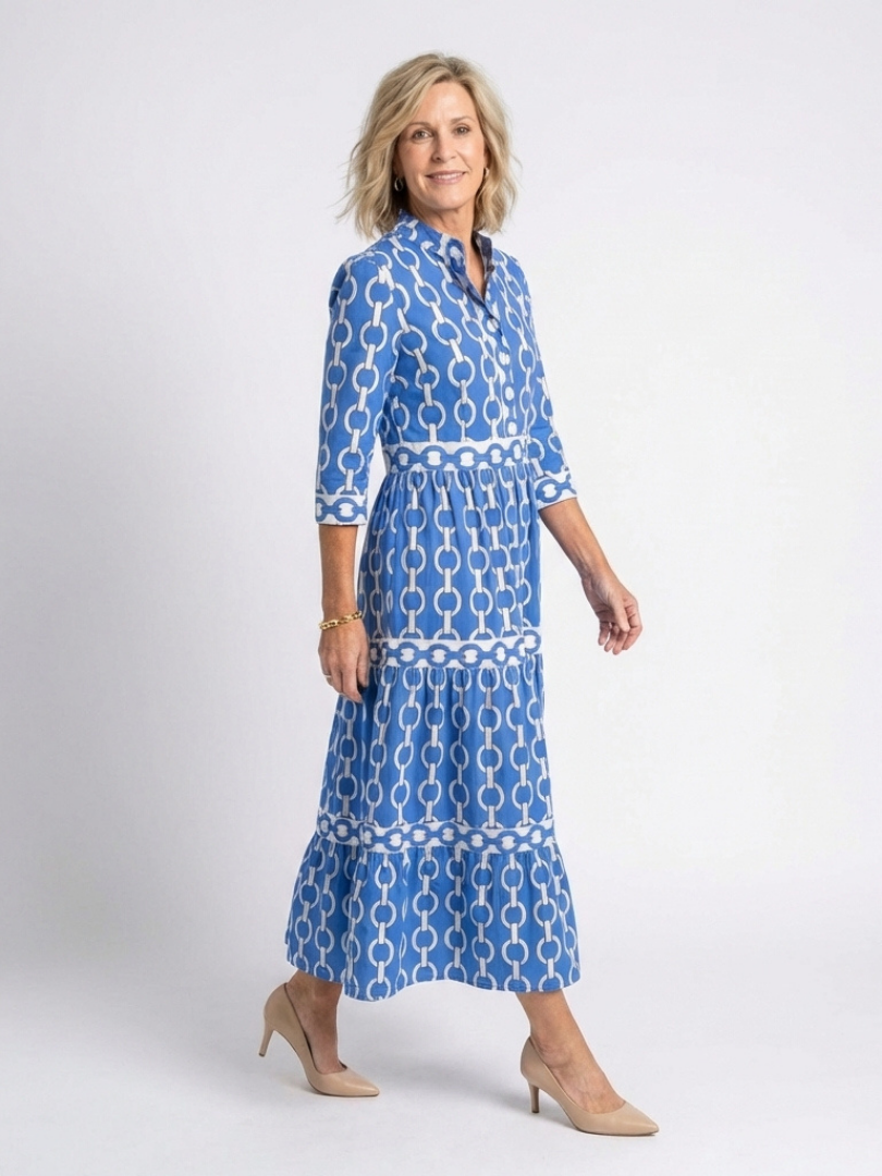 Ysolde | Robe Midi à Manches Trois Quarts Motif Chaîne