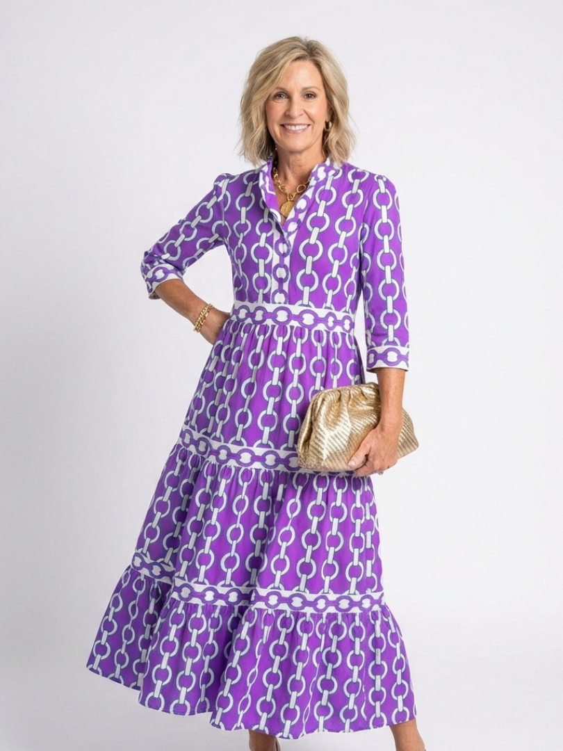 Ysolde | Robe Midi à Manches Trois Quarts Motif Chaîne