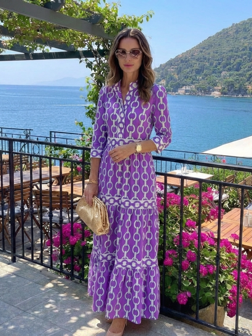 Ysolde | Robe Midi à Manches Trois Quarts Motif Chaîne