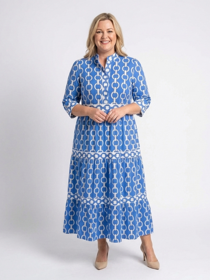 Ysolde | Robe Midi à Manches Trois Quarts Motif Chaîne