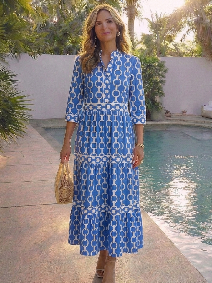 Ysolde | Robe Midi à Manches Trois Quarts Motif Chaîne