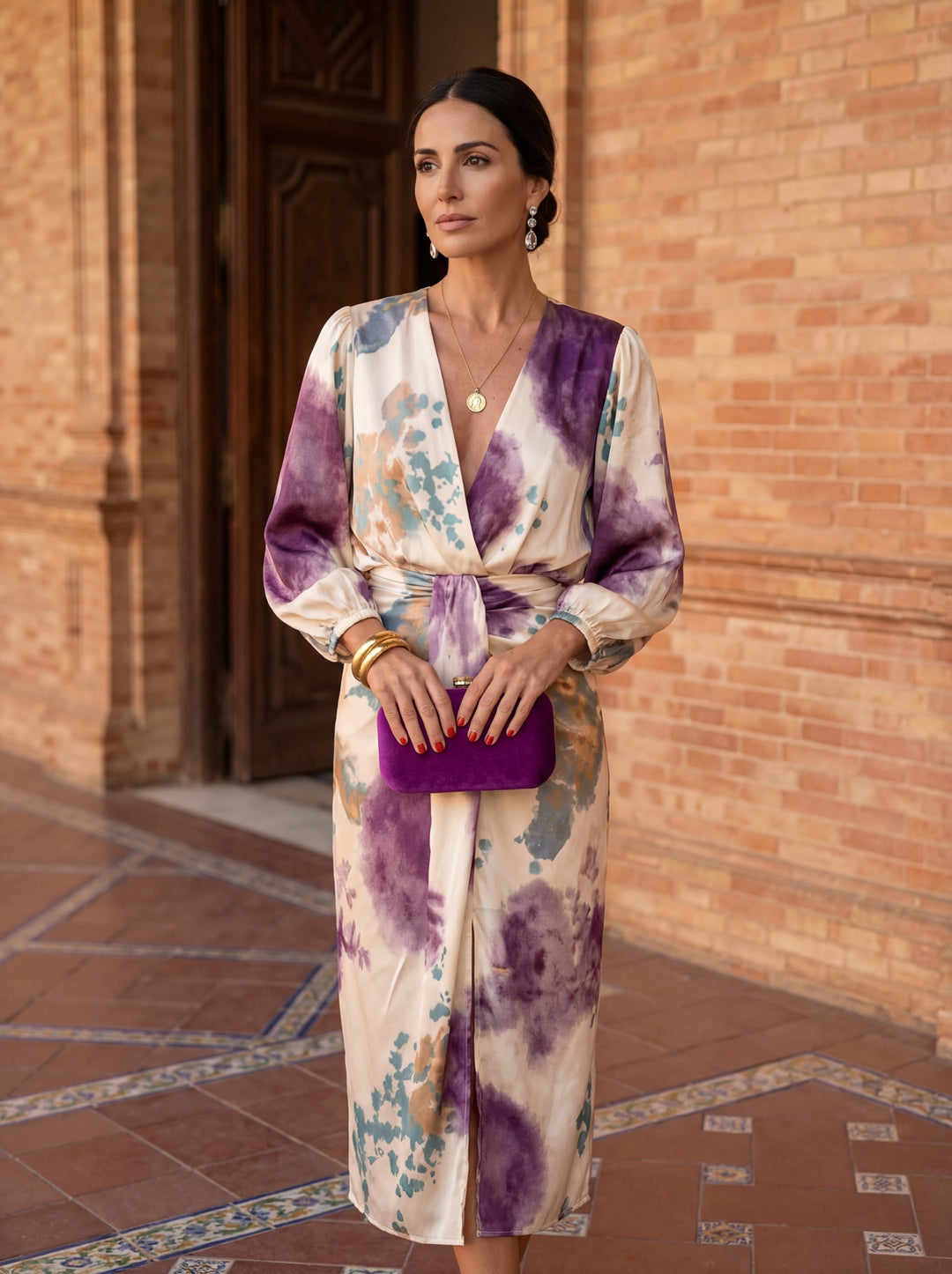 Valérie | Robe midi satinée à imprimé aquarelle, manches ballon