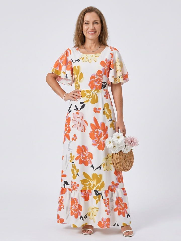 Elowen | Robe Maxi Évasée à Col Rond et Manches Courtes