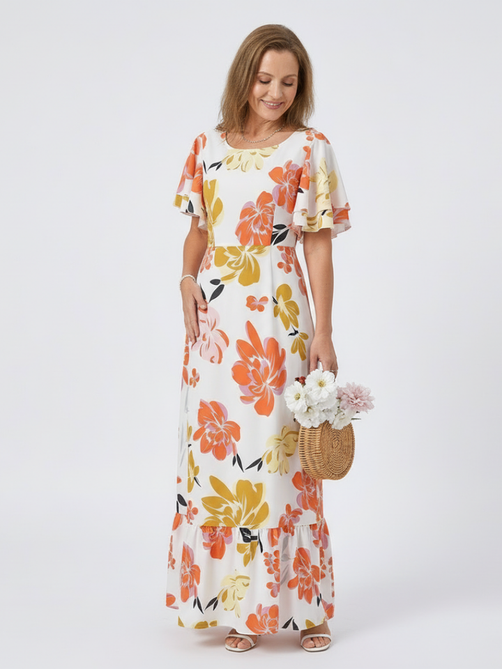 Elowen | Robe Maxi Évasée à Col Rond et Manches Courtes