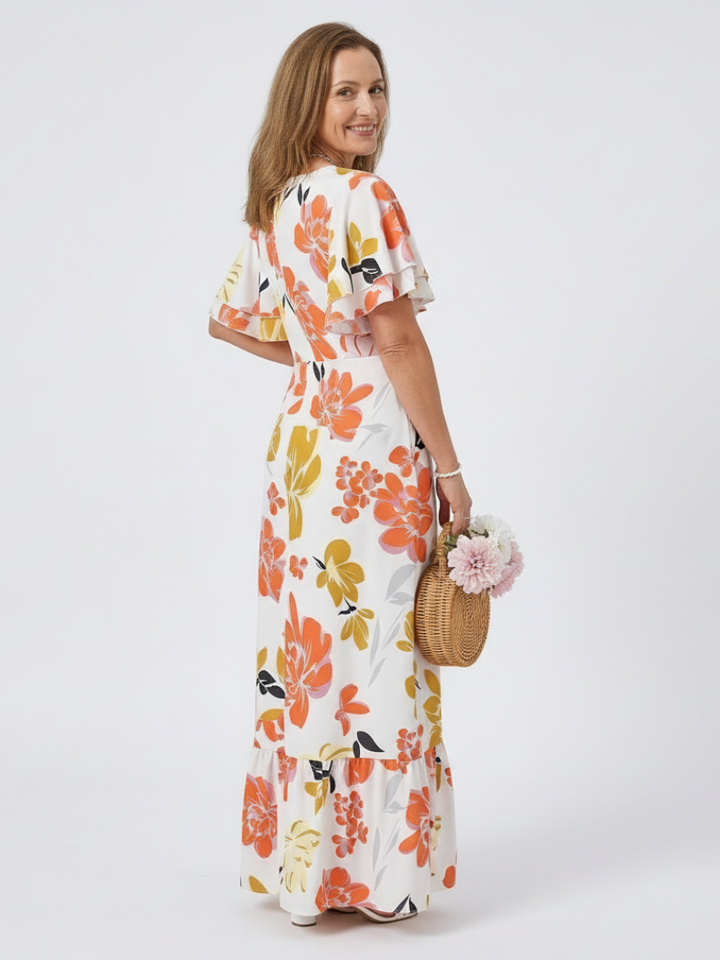 Elowen | Robe Maxi Évasée à Col Rond et Manches Courtes