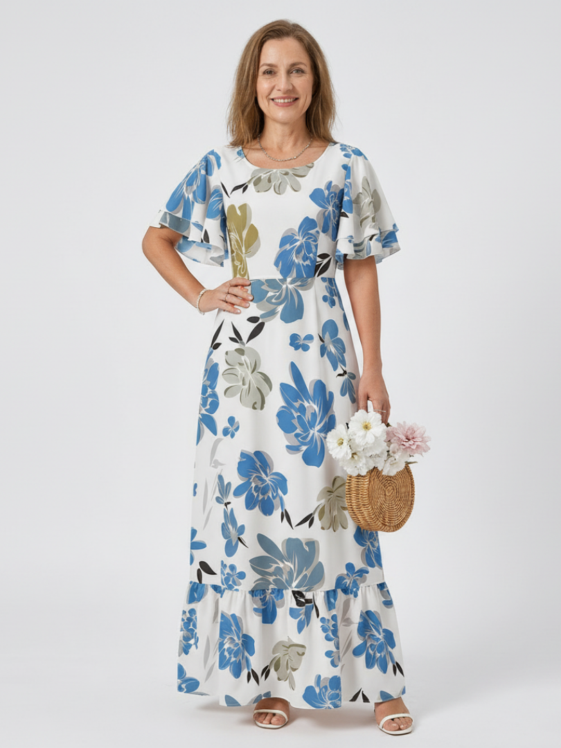 Elowen | Robe Maxi Évasée à Col Rond et Manches Courtes