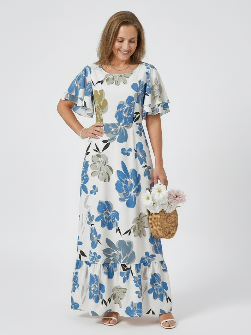 Elowen | Robe Maxi Évasée à Col Rond et Manches Courtes