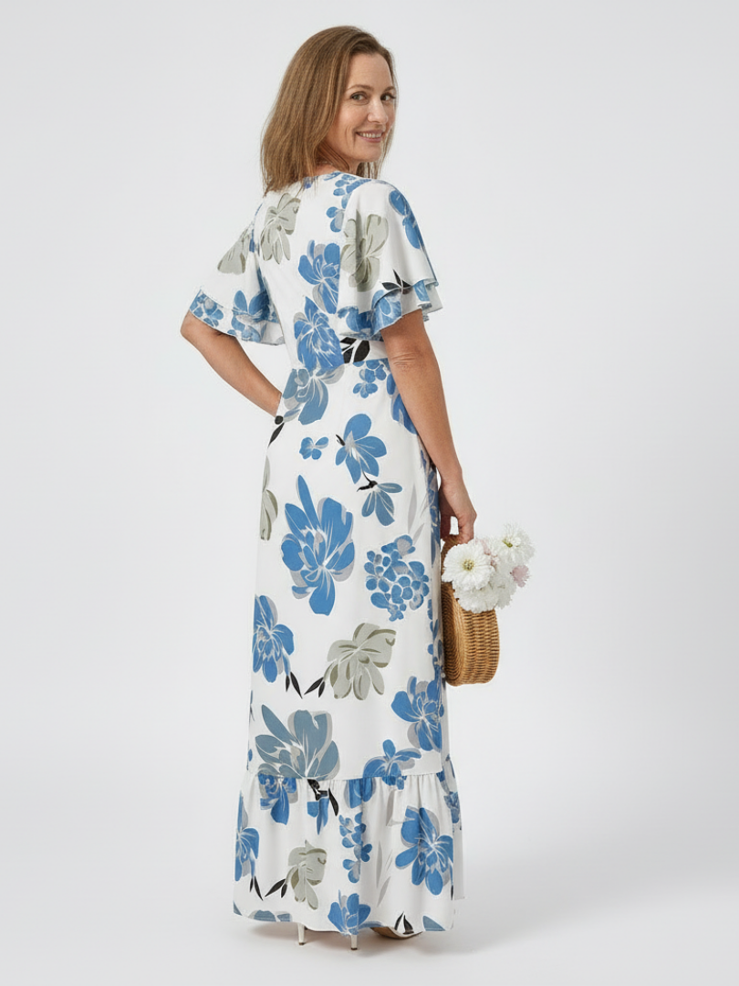 Elowen | Robe Maxi Évasée à Col Rond et Manches Courtes