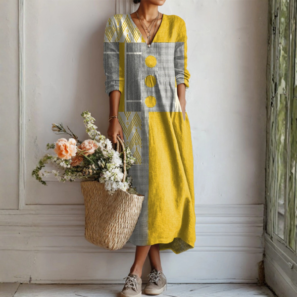 Madeleine | Robe graphique jaune safran aux contrastes modernes