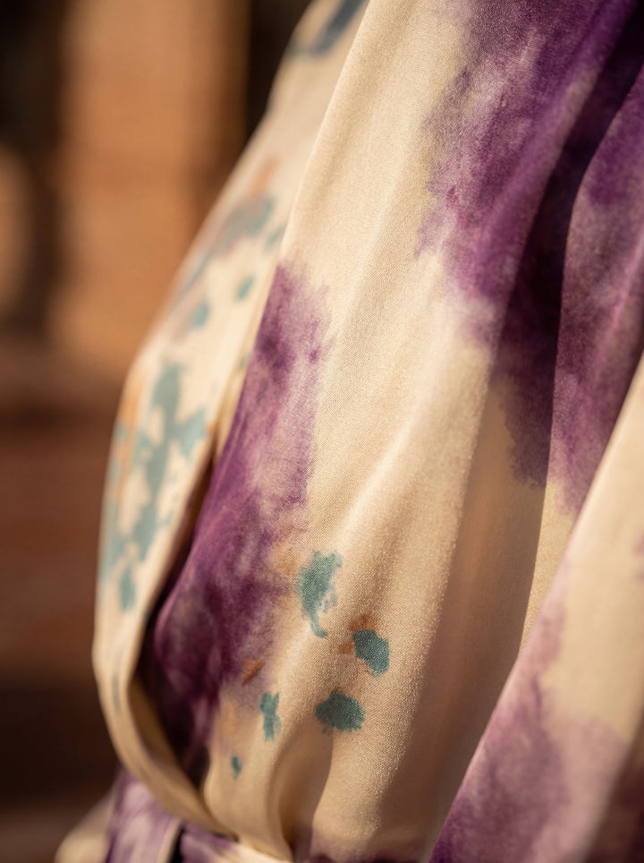 Valérie | Robe midi satinée à imprimé aquarelle, manches ballon