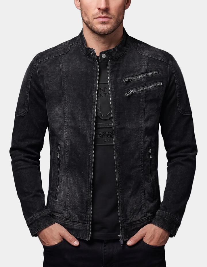 CYPRIEN | Veste denim noir — col officier et inspiration café racer