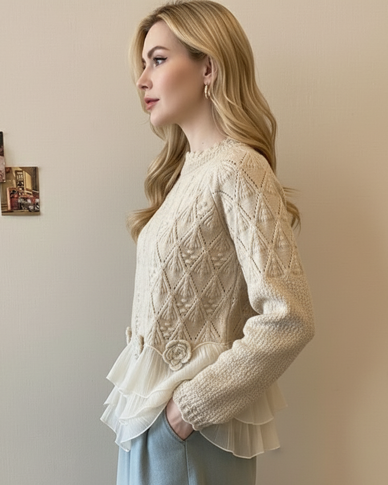 Élise | Pull en maille raffinée avec volants en soie