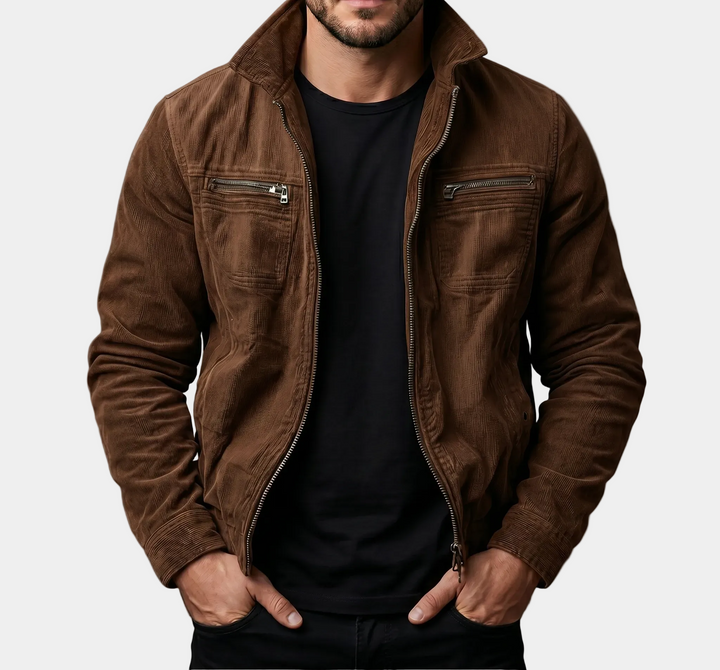 GUSTAVE | Veste utility en velours côtelé — col officier et zips poitrine