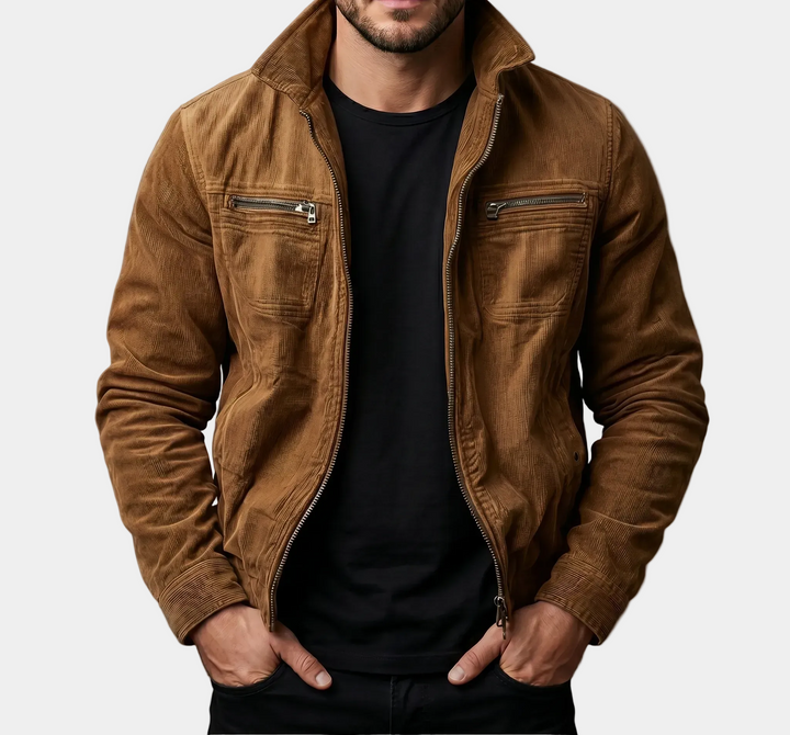 GUSTAVE | Veste utility en velours côtelé — col officier et zips poitrine