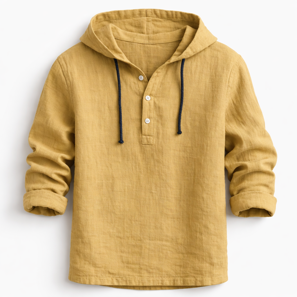 VICTOR | Chemise à capuche en lin — col henley, trois boutons