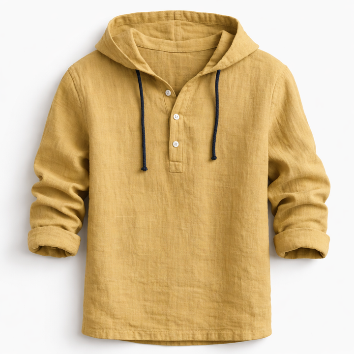 VICTOR | Chemise à capuche en lin — col henley, trois boutons