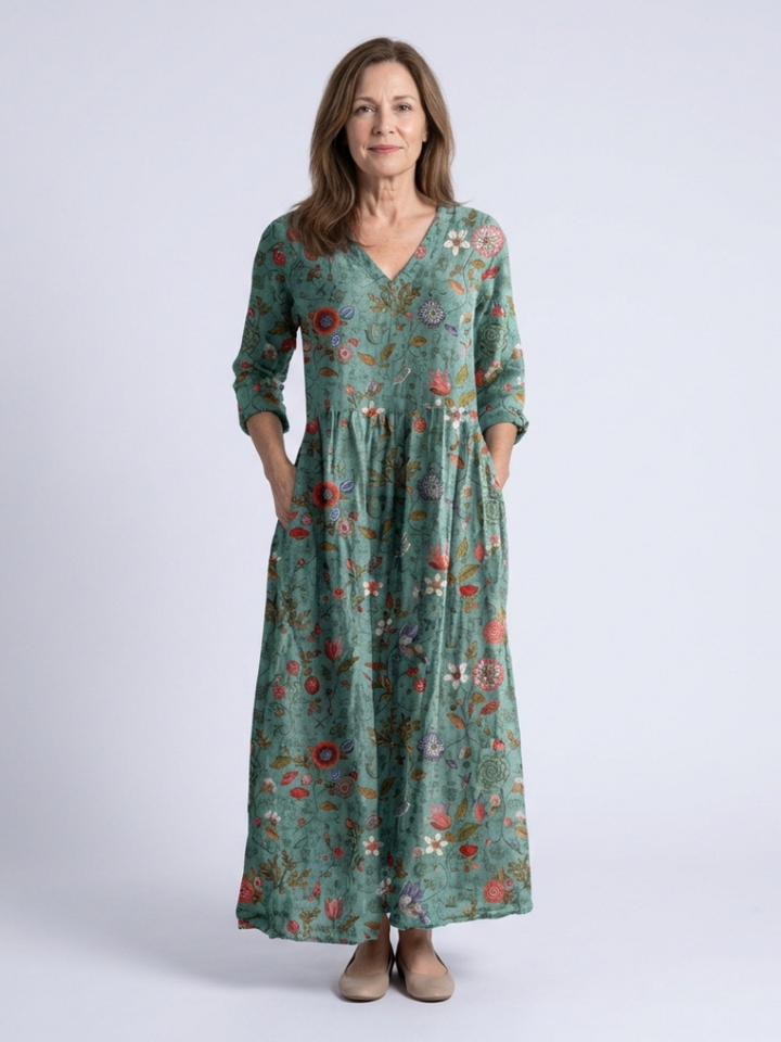 Marina | Robe Maxi à Fleurs à Encolure en V et Manches Trois Quarts