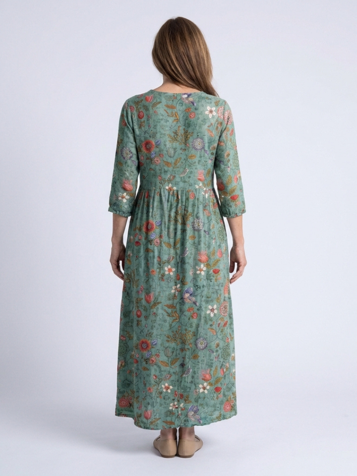 Marina | Robe Maxi à Fleurs à Encolure en V et Manches Trois Quarts