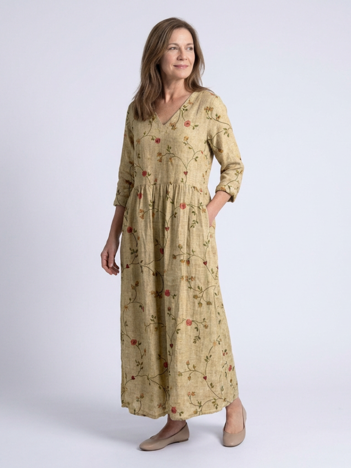Marina | Robe Maxi à Fleurs à Encolure en V et Manches Trois Quarts