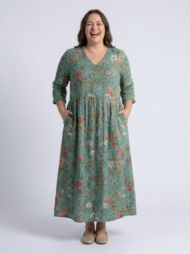 Marina | Robe Maxi à Fleurs à Encolure en V et Manches Trois Quarts