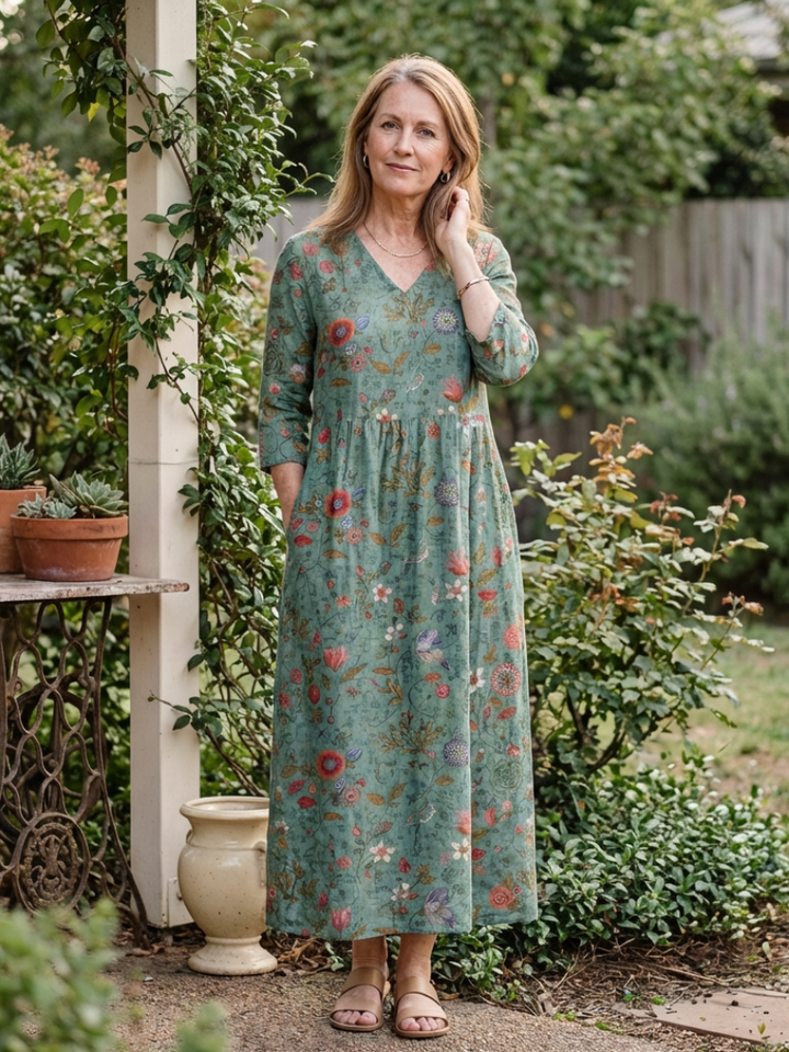 Marina | Robe Maxi à Fleurs à Encolure en V et Manches Trois Quarts