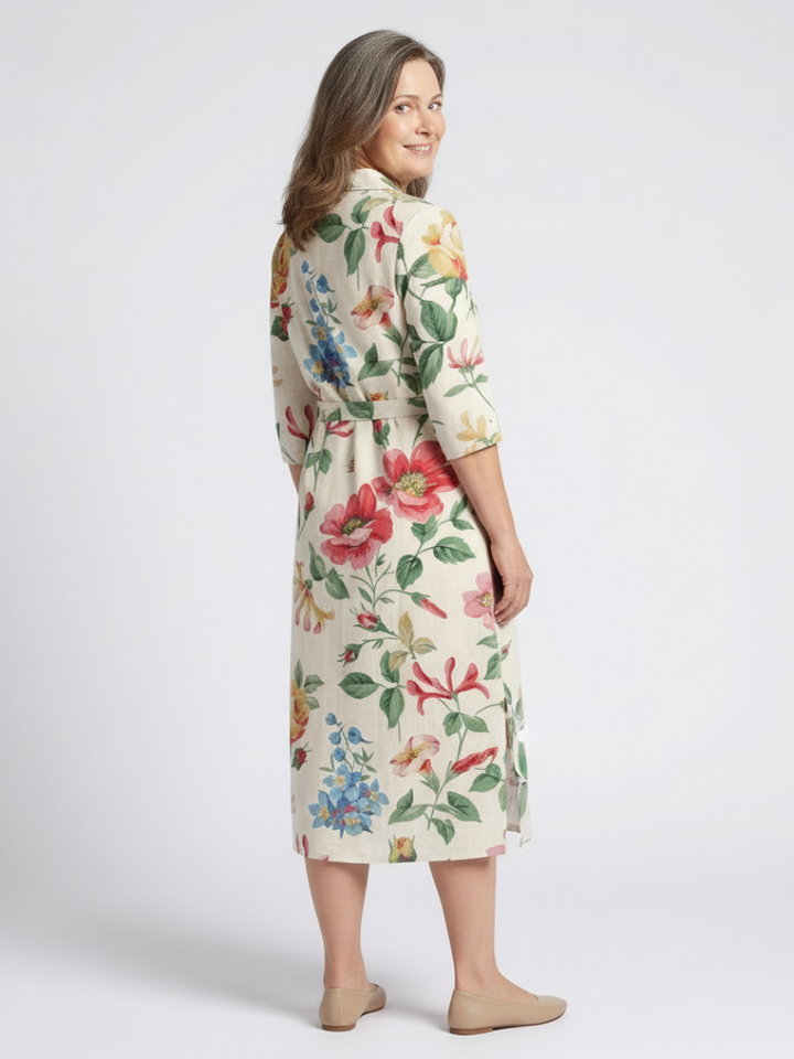 Maribel | Robe Midi Fleurie à Manches Mi-Longues avec Boutons