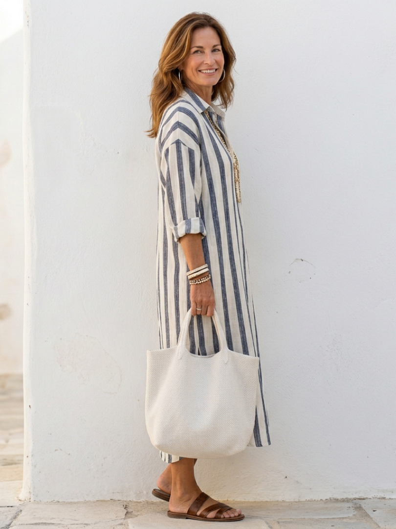 Naomi | Robe midi rayée élégante à manches longues