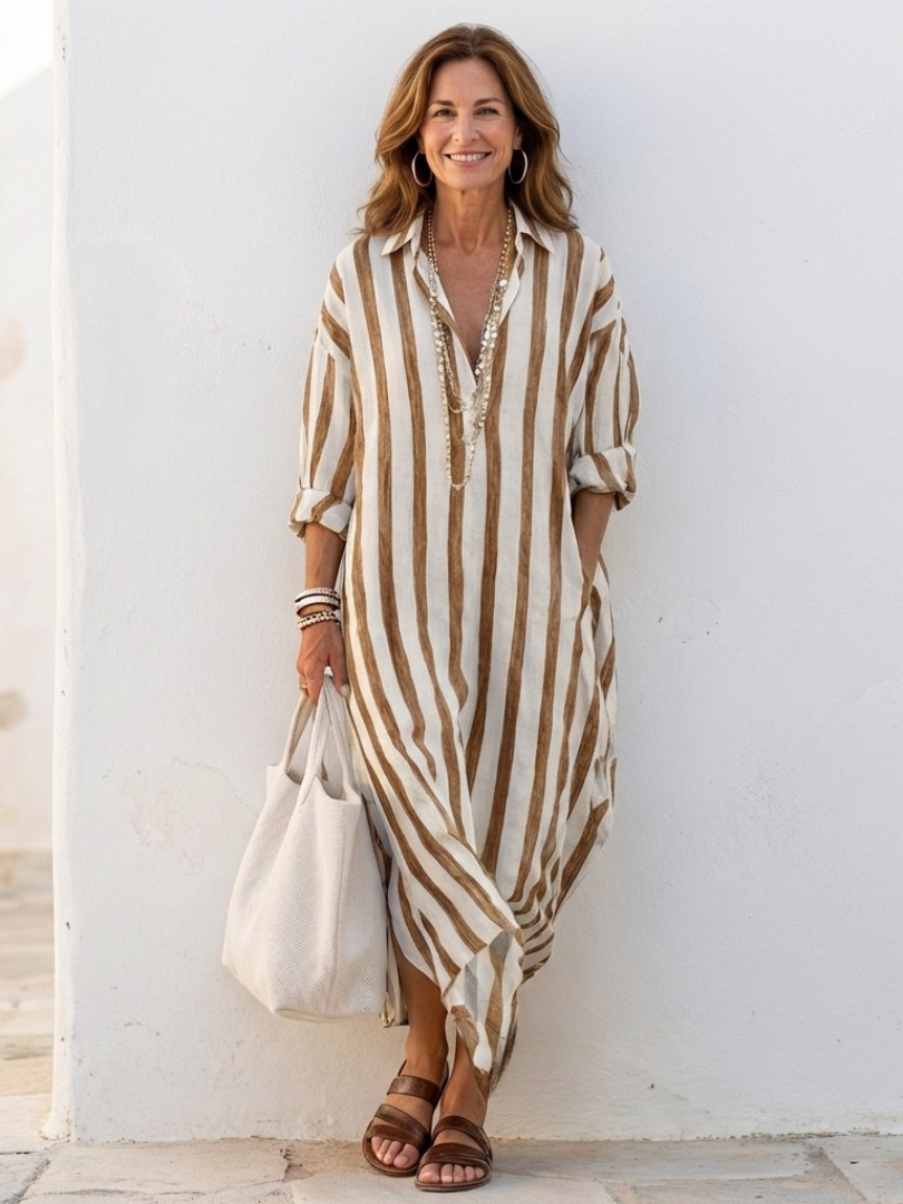 Naomi | Robe midi rayée élégante à manches longues
